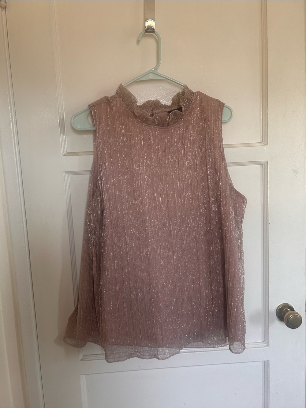 Sleeveless Ruffle Neck Metallic Blush Top
